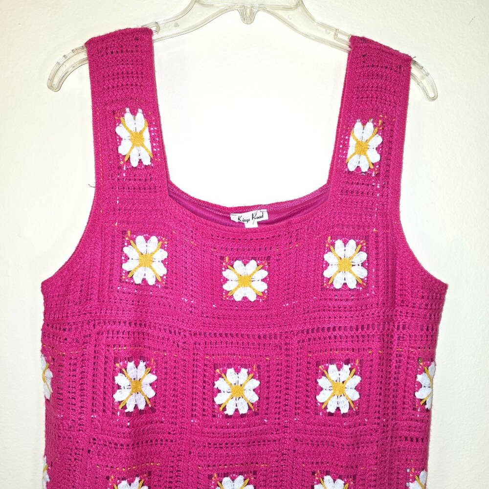 KIngs Road Pink Crochet Lined Dress SL Square Neck Large NWT - Picture 2 of 16